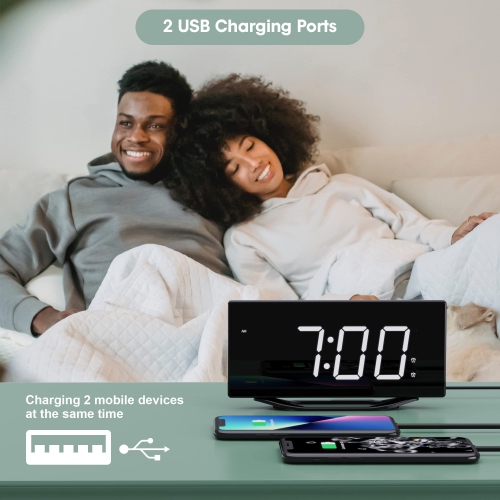 Horloge numérique grand écran pour chambre à coucher, radio-réveil DEL double de 8.7 po avec gradateur à 7 niveaux, 2 chargeurs de téléphone USB,