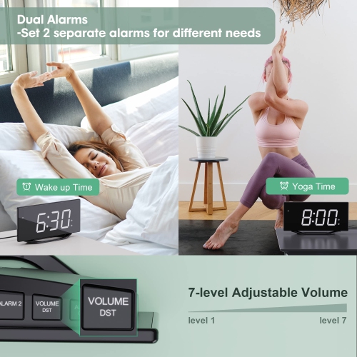 Horloge numérique grand écran pour chambre à coucher, radio-réveil DEL double de 8.7 po avec gradateur à 7 niveaux, 2 chargeurs de téléphone USB,