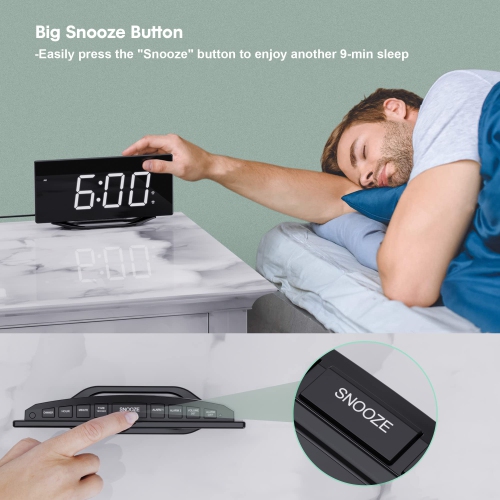 Horloge numérique grand écran pour chambre à coucher, radio-réveil DEL double de 8.7 po avec gradateur à 7 niveaux, 2 chargeurs de téléphone USB,