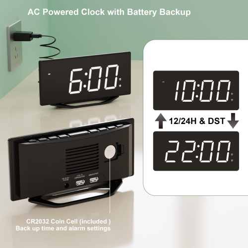 Horloge numérique grand écran pour chambre à coucher, radio-réveil DEL double de 8.7 po avec gradateur à 7 niveaux, 2 chargeurs de téléphone USB,