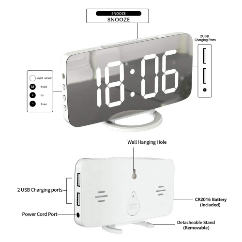 Miowachi Digital Alarm Clock,Large Mirrored LED Clock,Snooze,Dim Night Light 2 USB Charger Ports Desk Alarm Clocks for Bedro