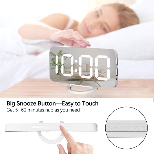 Miowachi Digital Alarm Clock,Large Mirrored LED Clock,Snooze,Dim Night Light 2 USB Charger Ports Desk Alarm Clocks for Bedro