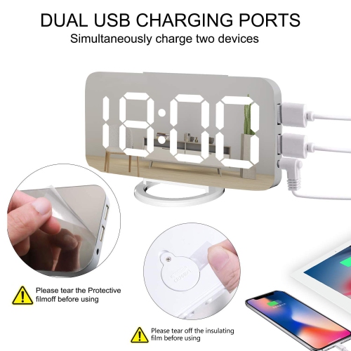 Miowachi Digital Alarm Clock,Large Mirrored LED Clock,Snooze,Dim Night Light 2 USB Charger Ports Desk Alarm Clocks for Bedro