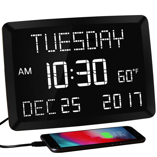 HLD  11.5” Digital Wall Clock, Large Calendar Day Clock, Impaired Vision Led Desk Alarm Clock With 3 Alarms, Date, Temperature, 5 Dimm