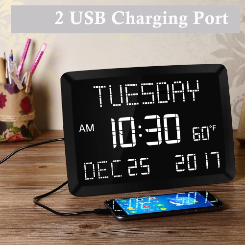 Horloge murale numérique 11,5&nbsp;po, grand calendrier, réveil de bureau à DEL avec 3 alarmes, date, température, 5 DIMM