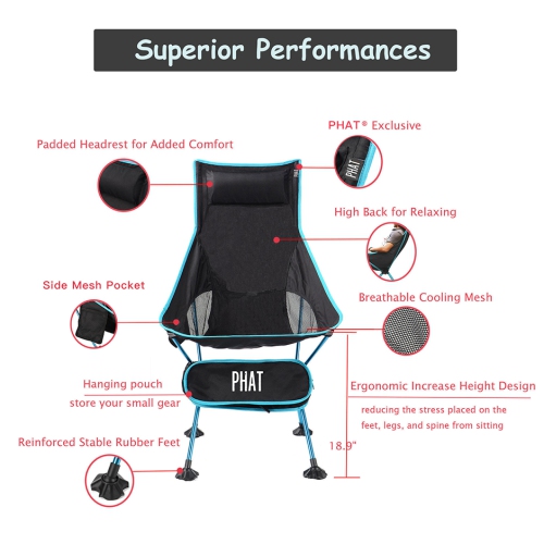 Blue Portable High Back Camping Chair with Headrest,Foldable