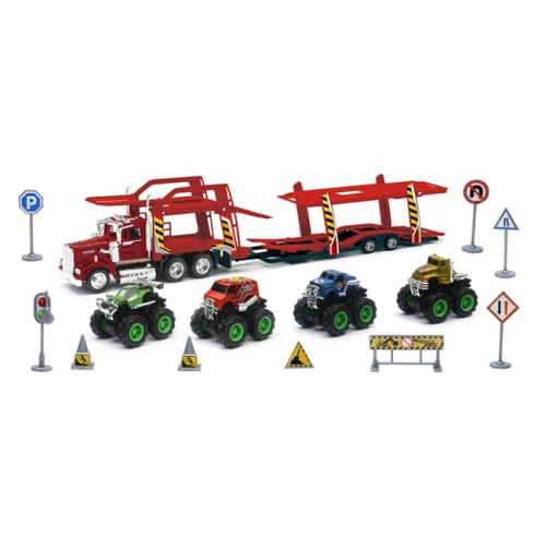 NEWRAY TOYS  1/43 D/c Kenworth Auto Carrier With Monster Truck Set
