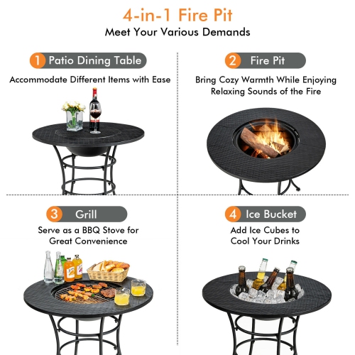 Gymax 31.5'' Patio Fire Pit Dining Table Charcoal Wood Burning W/ Cooking BBQ Grate