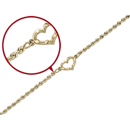 Diamond Cut Rope Chain Anklet with Heart in 14K Yellow Gold 10 Inches