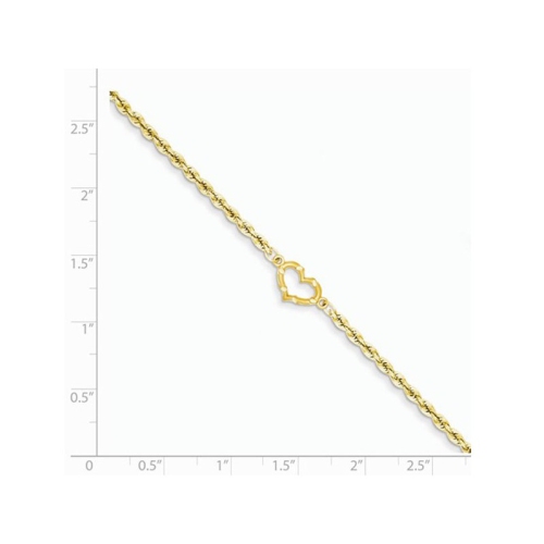 Diamond Cut Rope Chain Anklet with Heart in 14K Yellow Gold 10 Inches