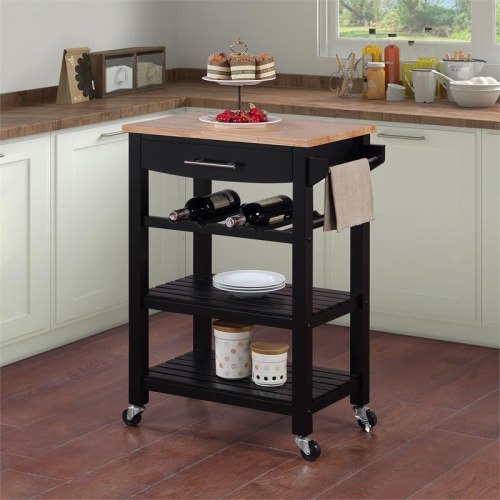Ellaine Four-Tier Butcher Block Kitchen Cart w/ Drawer & Wine Rack in Black Wood