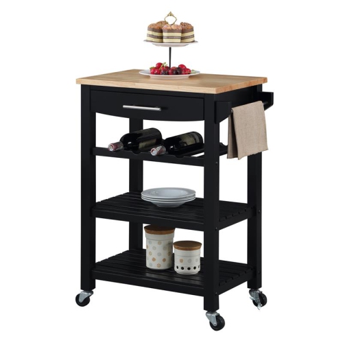 Ellaine Four-Tier Butcher Block Kitchen Cart w/ Drawer & Wine Rack in Black Wood