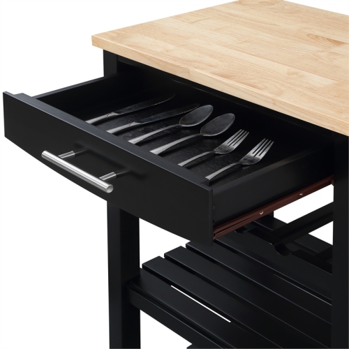 Ellaine Four-Tier Butcher Block Kitchen Cart w/ Drawer & Wine Rack in Black Wood