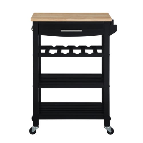 Ellaine Four-Tier Butcher Block Kitchen Cart w/ Drawer & Wine Rack in Black Wood