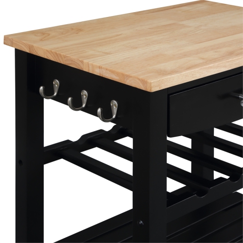 Ellaine Four-Tier Butcher Block Kitchen Cart w/ Drawer & Wine Rack in Black Wood