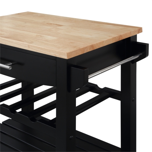Ellaine Four-Tier Butcher Block Kitchen Cart w/ Drawer & Wine Rack in Black Wood