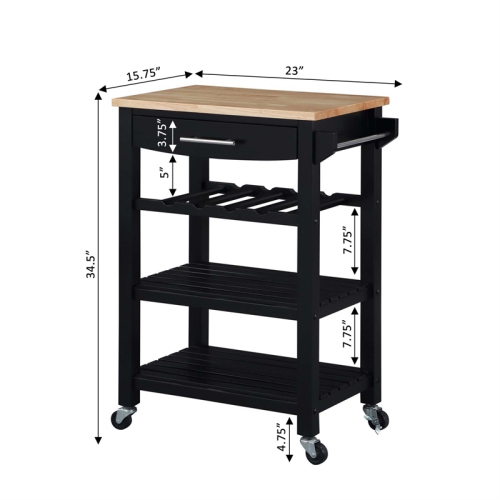 Ellaine Four-Tier Butcher Block Kitchen Cart w/ Drawer & Wine Rack in Black Wood