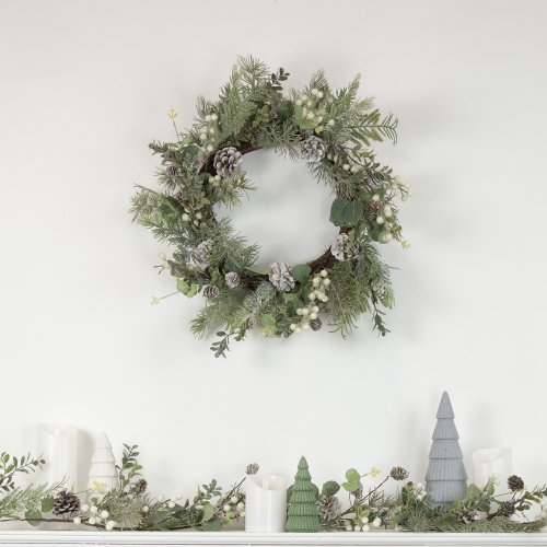 White Berry, Eucalyptus and Pinecone Christmas Wreath, 20-Inch, Unlit