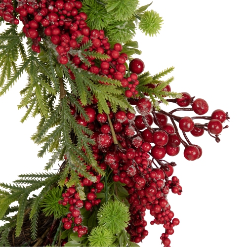 Red Berry and Frosted Pine Christmas Wreath, 28-Inch, Unlit
