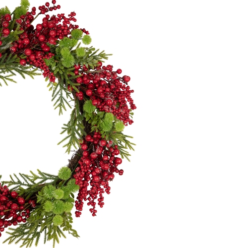 Red Berry and Frosted Pine Christmas Wreath, 28-Inch, Unlit