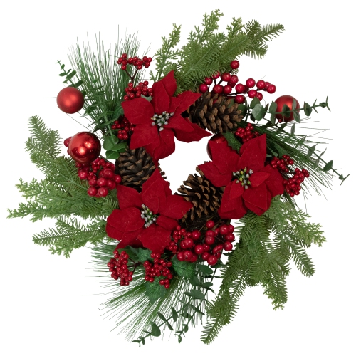 Berry and Poinsettia Artificial Christmas Wreath - 22" - Unlit