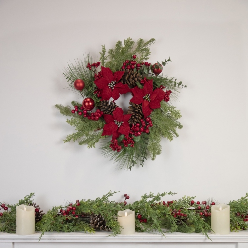 Berry and Poinsettia Artificial Christmas Wreath - 22" - Unlit