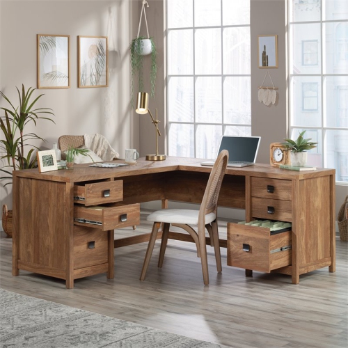 Sauder Cannery Bridge Engineered Wood 6-Drawers L-Shaped Desk in Sindoori Mango