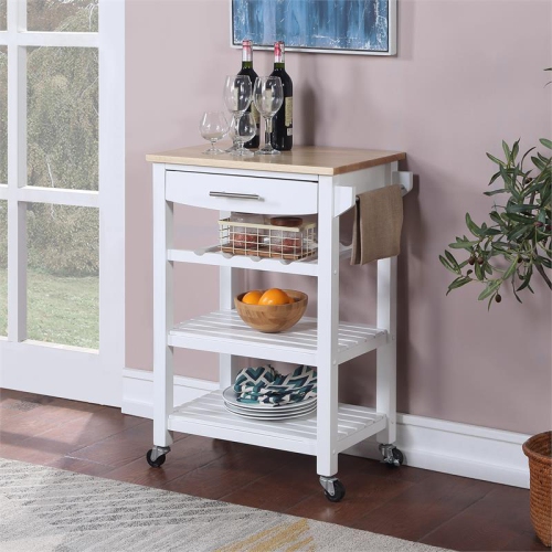 Ellaine Four-Tier Butcher Block Kitchen Cart w/ Drawer & Wine Rack in White Wood