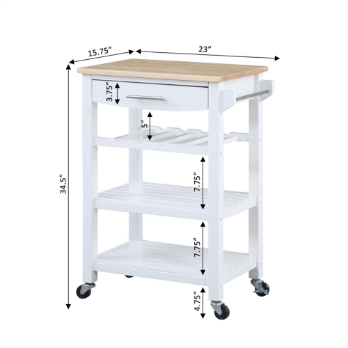 Ellaine Four-Tier Butcher Block Kitchen Cart w/ Drawer & Wine Rack in White Wood