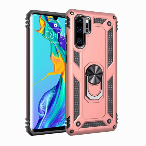 For Huawei P30 Lite Rose Gold Military Grade 360 Degree Rotating Metal Magnetic Ring Car Mount Holder Kickstand Shockproof Heavy Duty Cover