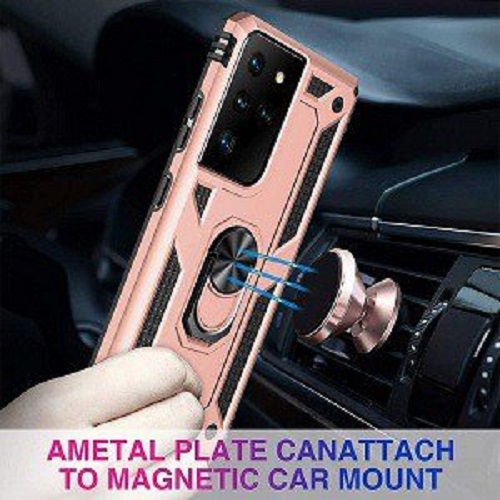 Samsung Galaxy S21 Ultra Rose Gold Military Grade 360 Degree Rotating Metal Magnetic Ring Car Mount Holder Kickstand Shockproof Heavy Duty Cover