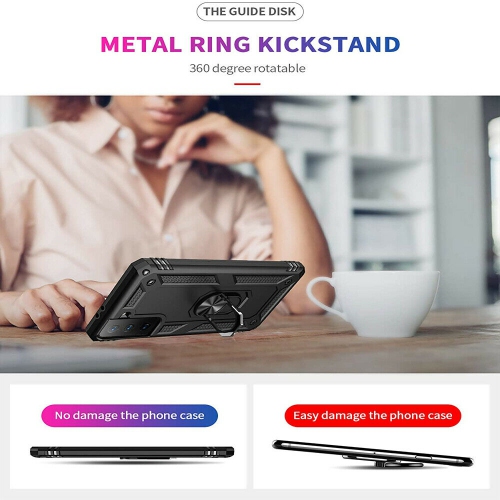 Samsung Galaxy S21 FE 5G Black Military Grade 360 Degree Rotating Metal Magnetic Ring Car Mount Holder Kickstand Shockproof Heavy Duty Cover