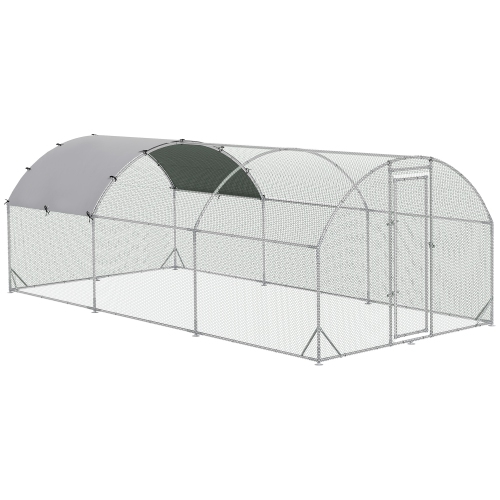 PawHut Chicken Run, Galvanized Large Metal Chicken Coop Cage, Walk-in Enclosure Poultry Hen Run House Playpen Rabbit Hutch with Dome Roof, Cover,