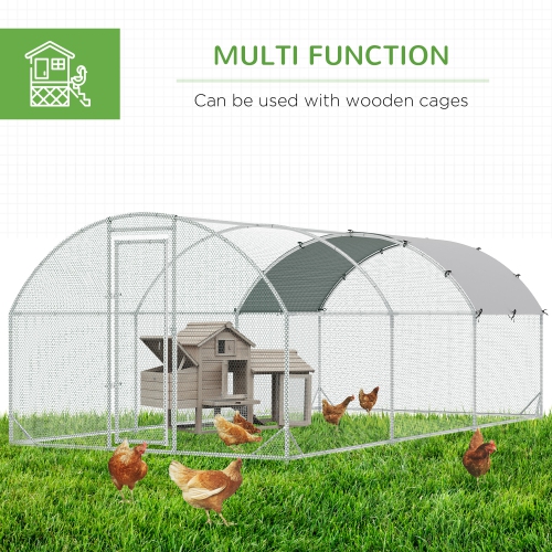 PawHut Chicken Run, Galvanized Large Metal Chicken Coop Cage, Walk-in Enclosure Poultry Hen Run House Playpen Rabbit Hutch with Dome Roof, Cover,
