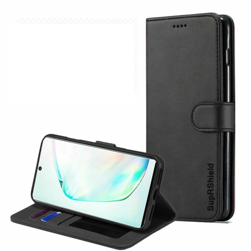Image 1 de 1.. Étui-portefeuille en cuir SuprRShield noir pour Galaxy Note 10 de Samsung rabat magnétique et antichoc