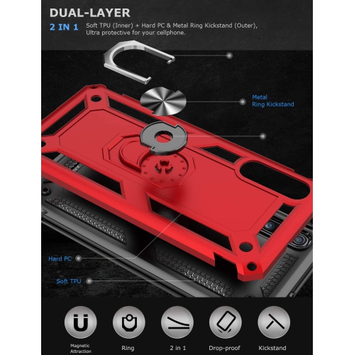 Samsung Galaxy A11 Case Red Military Grade 360 Degree Rotating Metal Magnetic Ring Car Mount Holder Kickstand Shockproof Heavy Duty Cover