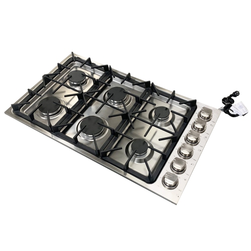CROWN Professional 36" 6 Burner Drop-In Stainless Steel Gas Cooktop LGC3601 with 72,000 BTUs Power with Automatic Electric Ignition