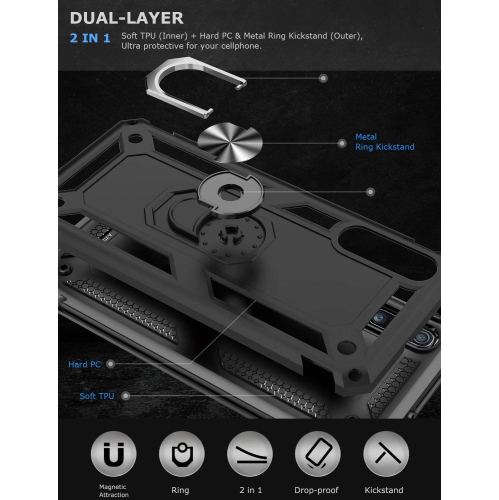 Étui pour Galaxy A70 de Samsung avec support magnétique rotatif à 360 degrés en métal noir et béquille pour support de voiture de qualité militaire,