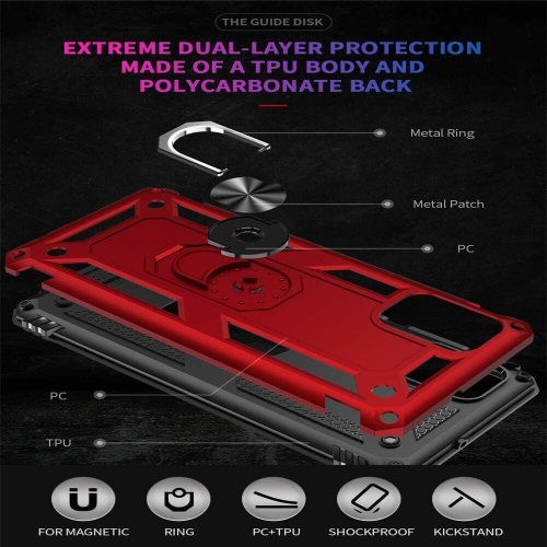 Samsung Galaxy A50 Case Red Military Grade 360 Degree Rotating Metal Magnetic Ring Car Mount Holder Kickstand Shockproof Heavy Duty Cover