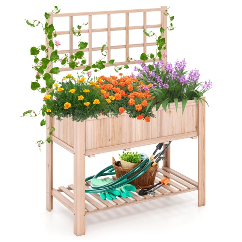 COSTWAY  Raised Garden Bed Elevated Wooden Planter Box W/ Trellis & Open Storage Shelf