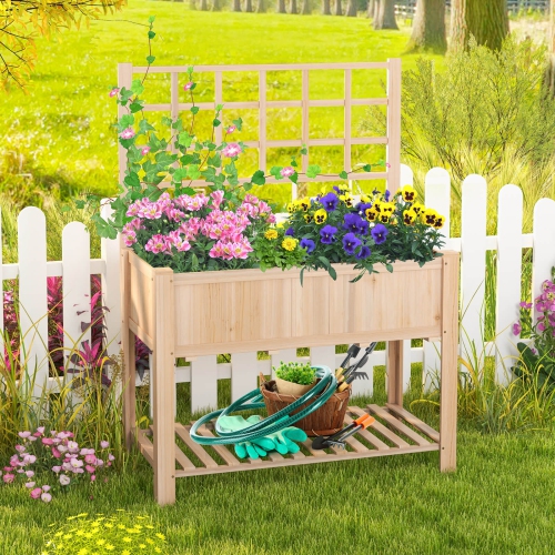 Costway Raised Garden Bed Elevated Wooden Planter Box w/ Trellis & Open Storage Shelf