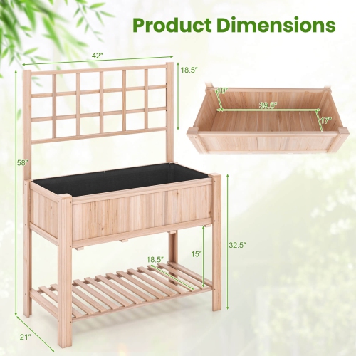 Costway Raised Garden Bed Elevated Wooden Planter Box w/ Trellis & Open Storage Shelf
