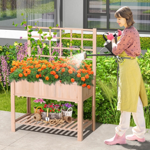Costway Raised Garden Bed Elevated Wooden Planter Box w/ Trellis & Open Storage Shelf