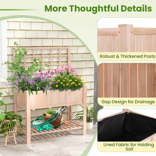 Costway Raised Garden Bed Elevated Wooden Planter Box w/ Trellis & Open Storage Shelf