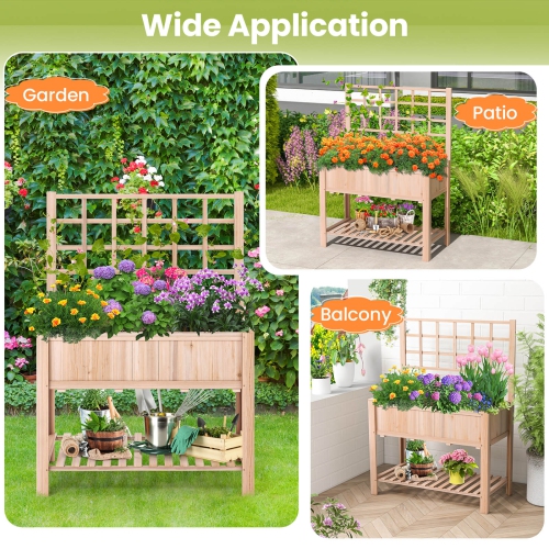 Costway Raised Garden Bed Elevated Wooden Planter Box w/ Trellis & Open Storage Shelf