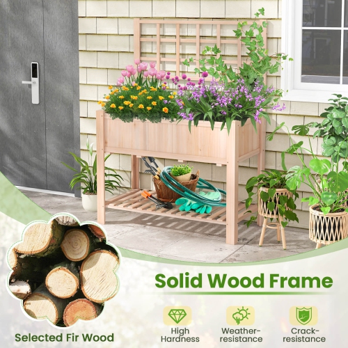 Costway Raised Garden Bed Elevated Wooden Planter Box w/ Trellis & Open Storage Shelf