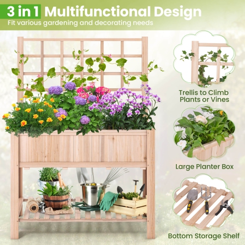 Costway Raised Garden Bed Elevated Wooden Planter Box w/ Trellis & Open Storage Shelf