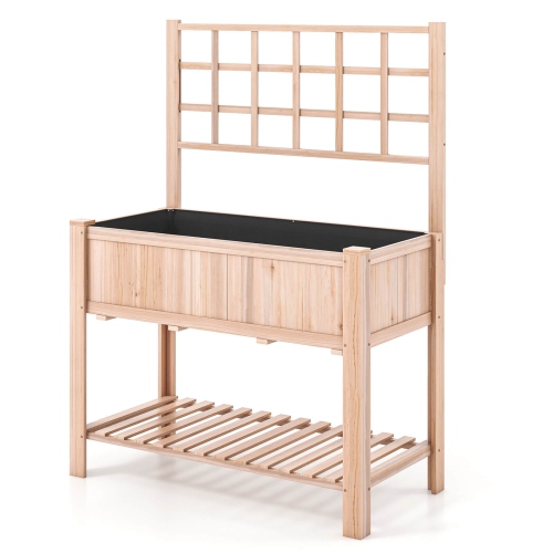 Costway Raised Garden Bed Elevated Wooden Planter Box w/ Trellis & Open Storage Shelf