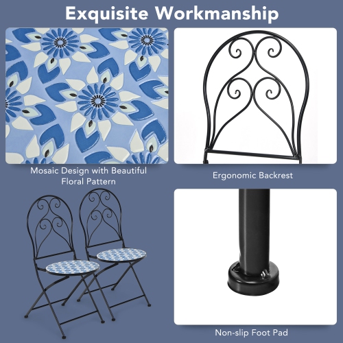 Costway 2PCS Patio Folding Mosaic Bistro Chairs Blue Flower Pattern Seat Garden