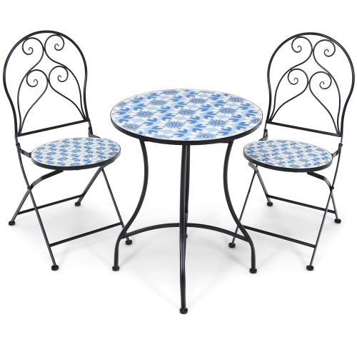 Costway 2PCS Patio Folding Mosaic Bistro Chairs Blue Flower Pattern Seat Garden